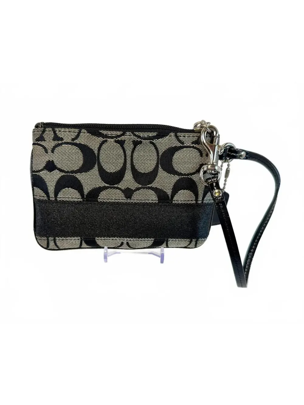 Coach | Signature Jacquard Patent Leather Wristlet Pouch | Black Grey/White